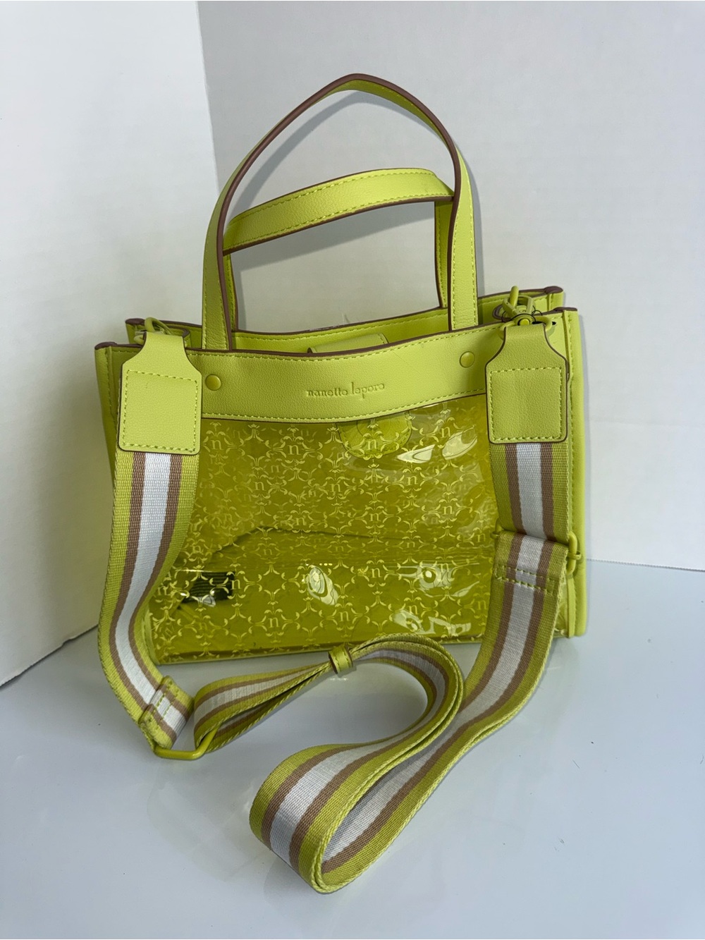 NANETTE LEPORE Lime Yellow Clear Tote with Striped Shoulder Strap